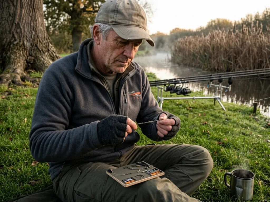 Angler tying a precision hair rig to target carp feeding anatomy.
