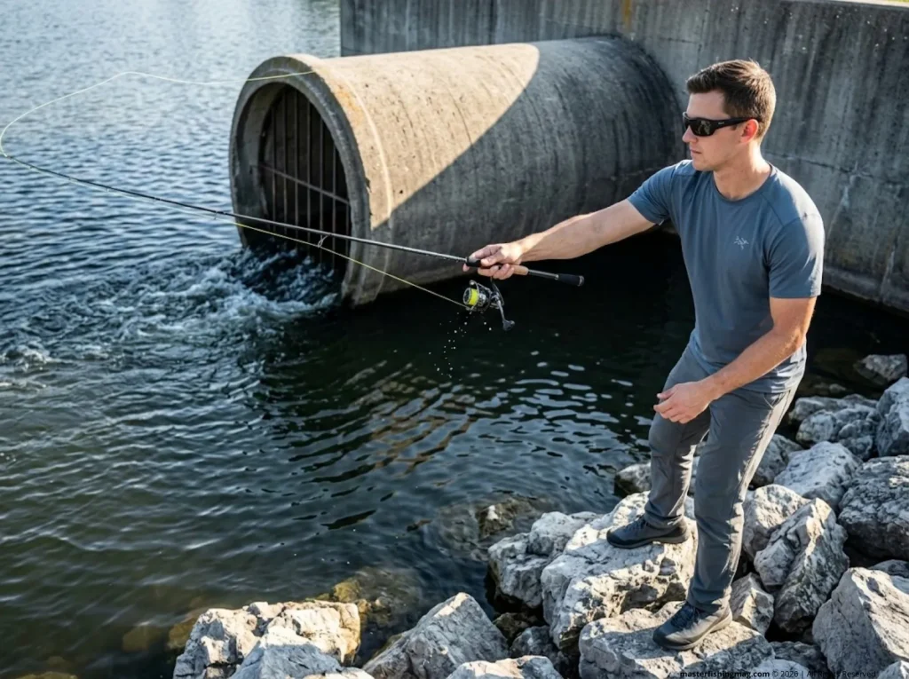 Angler casting lure toward concrete overflow standpipe micro-structure in a pond