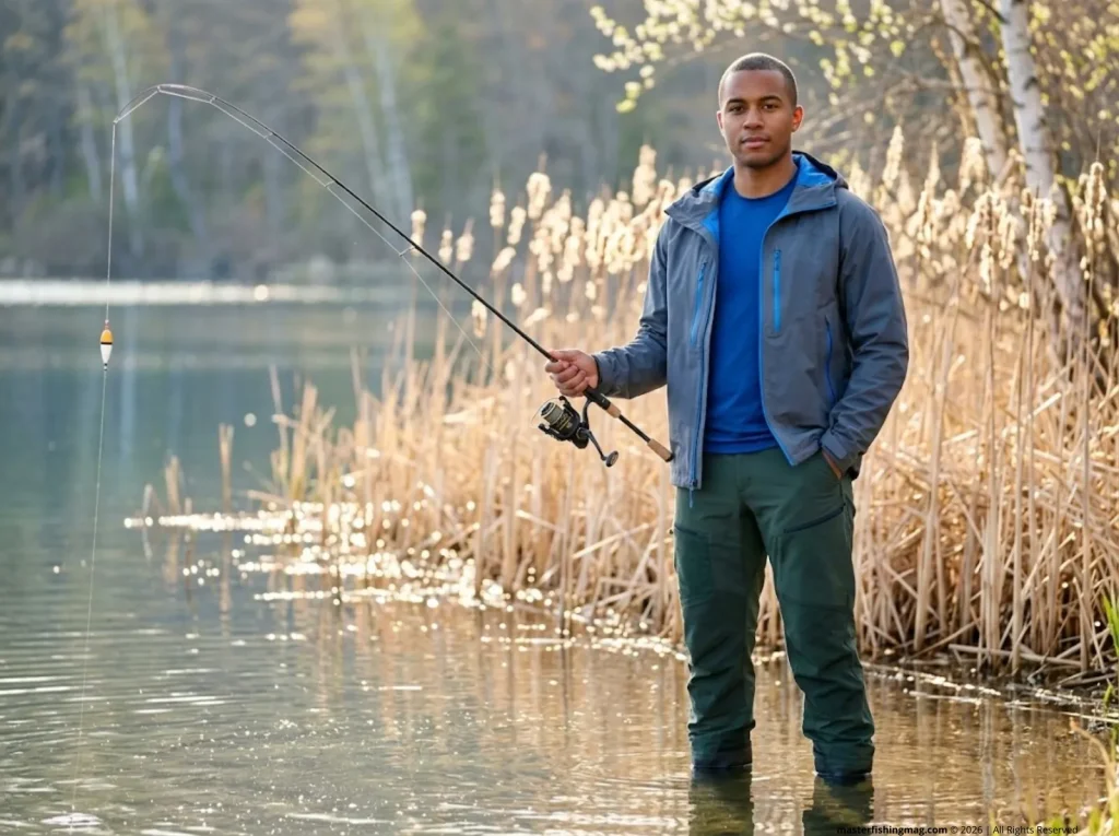 Angler holding St. Croix Panfish Series ultralight rod with Pflueger reel at reed-lined spring lake