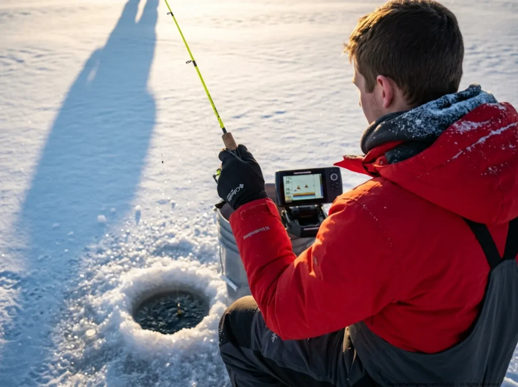 Angler raising jig above fish level for winter bluegill and crappie ice fishing tactics