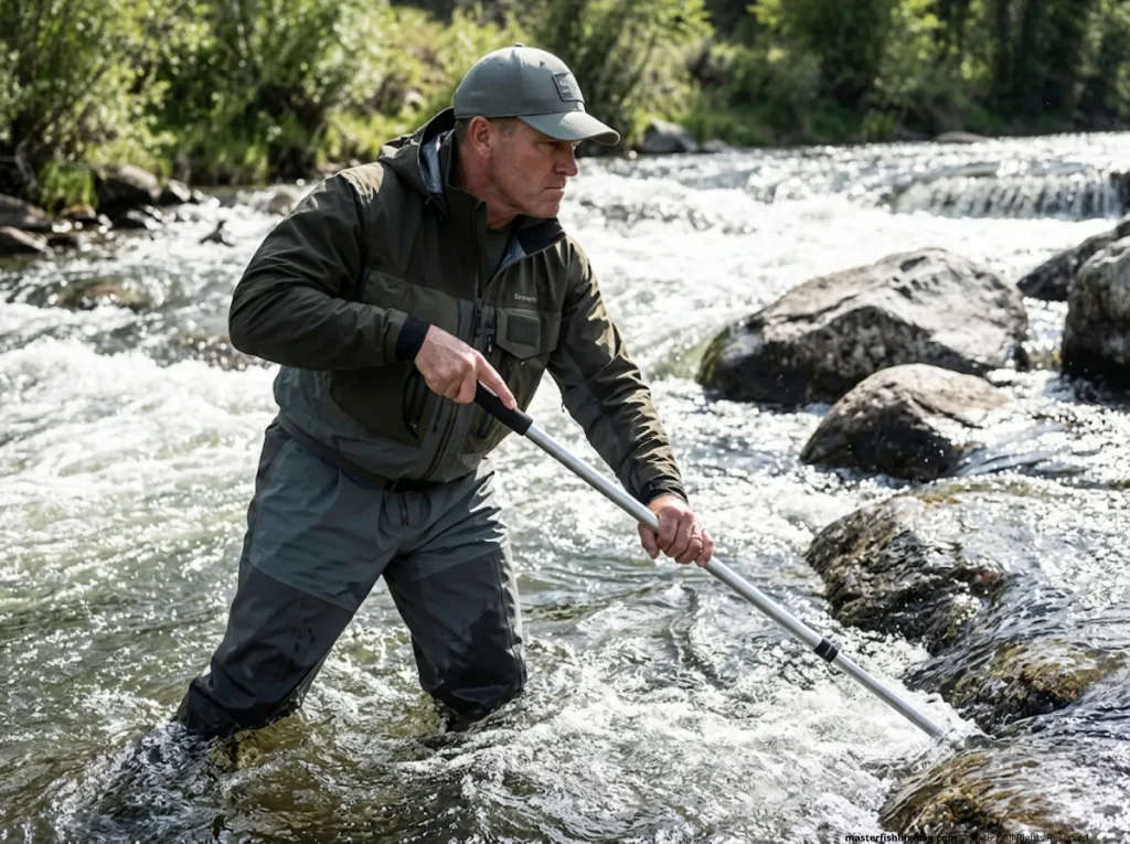 Angler wading through heavy fast river current using aluminum wading staff for stability