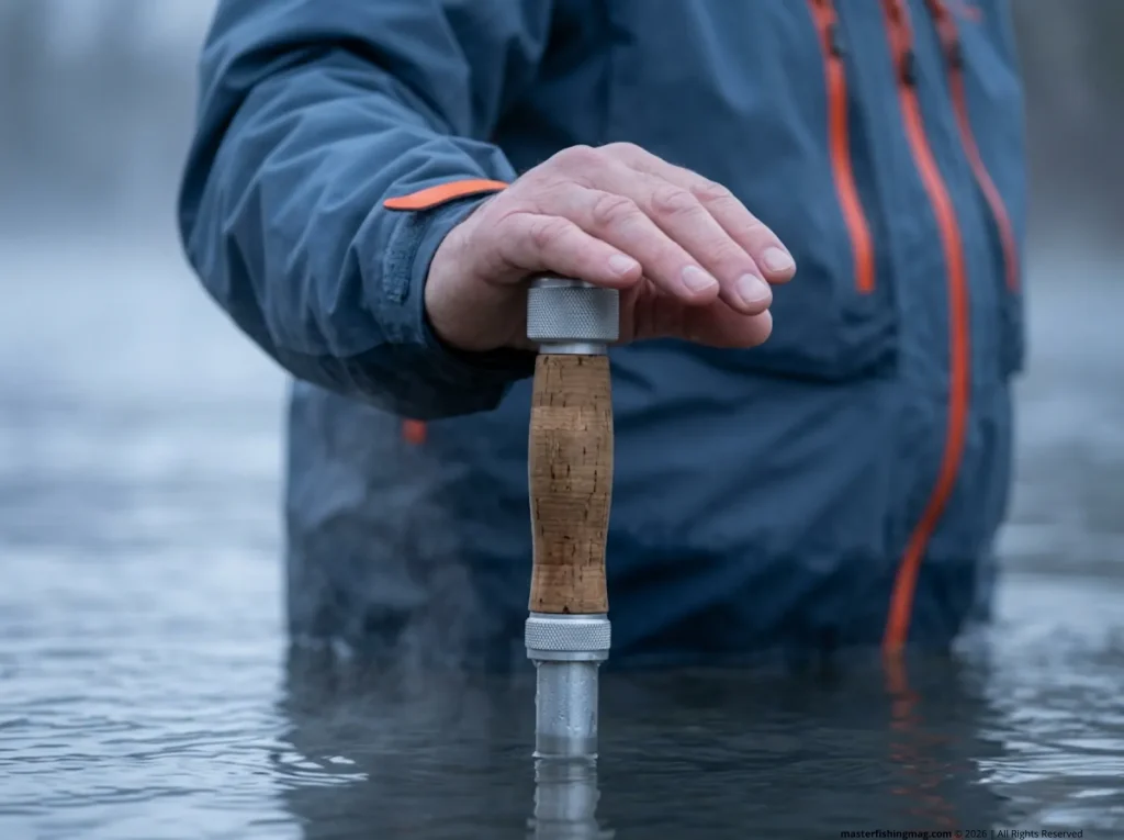 Senior angler palming wading staff top cap in cold tailwater showing arthritis-friendly ergonomics