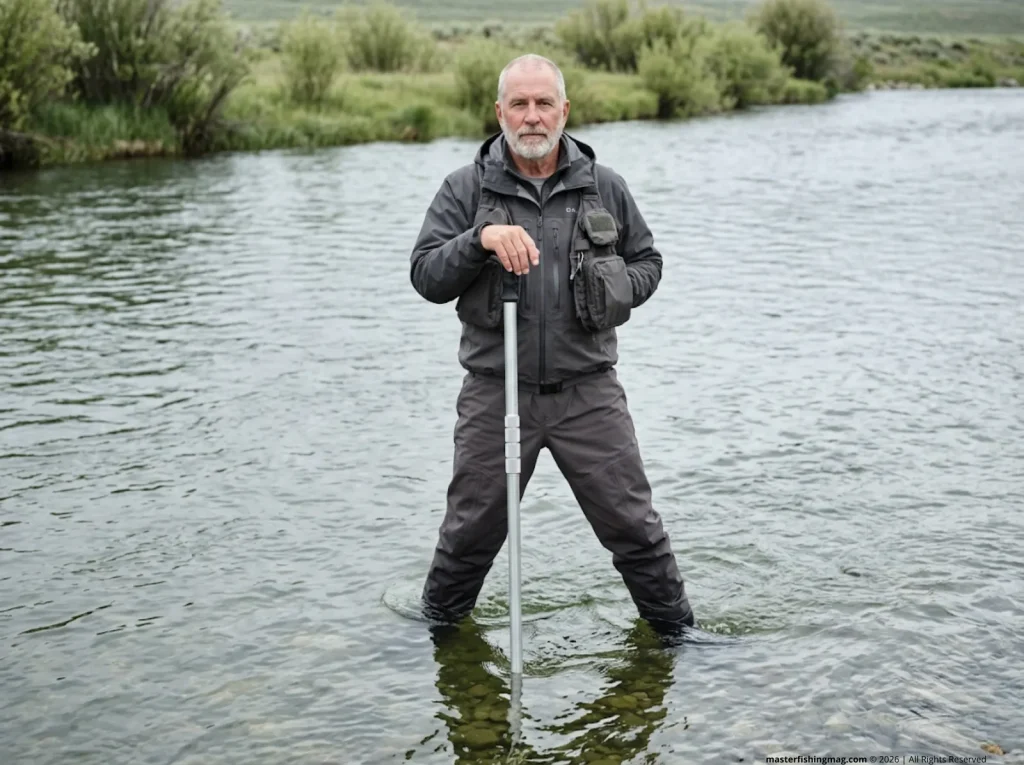 Senior angler with wading staff demonstrating three-point stability in waist-deep river current