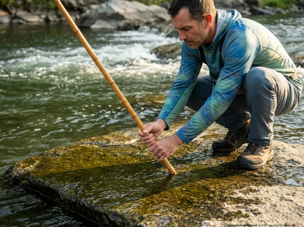 Angler testing wading staff tip grip on algae-covered basalt rock at river's edge