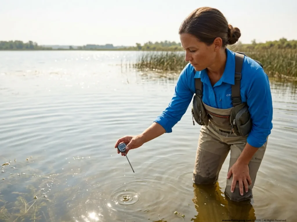 Angler checking water temperature with thermometer in warm summer lake before fishing