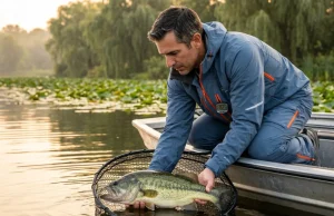 Warm Water Fish Release Mistakes That Harm Fish Angler cradling largemouth bass horizontally in rubber net for safe warm water release
