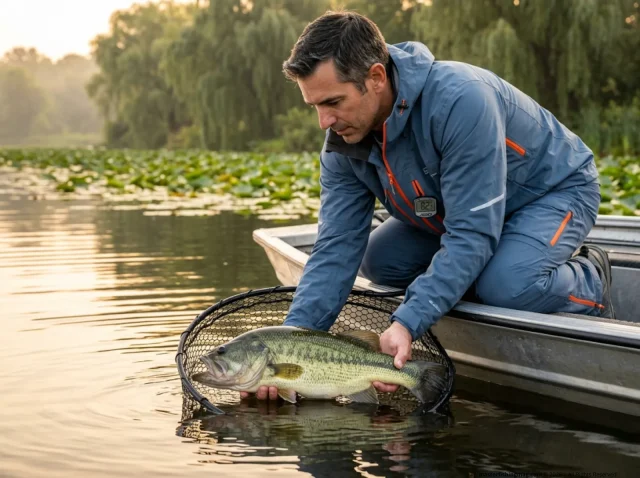 warm-water-fish-release-safe-handling-hero Angler cradling largemouth bass horizontally in rubber net for safe warm water release