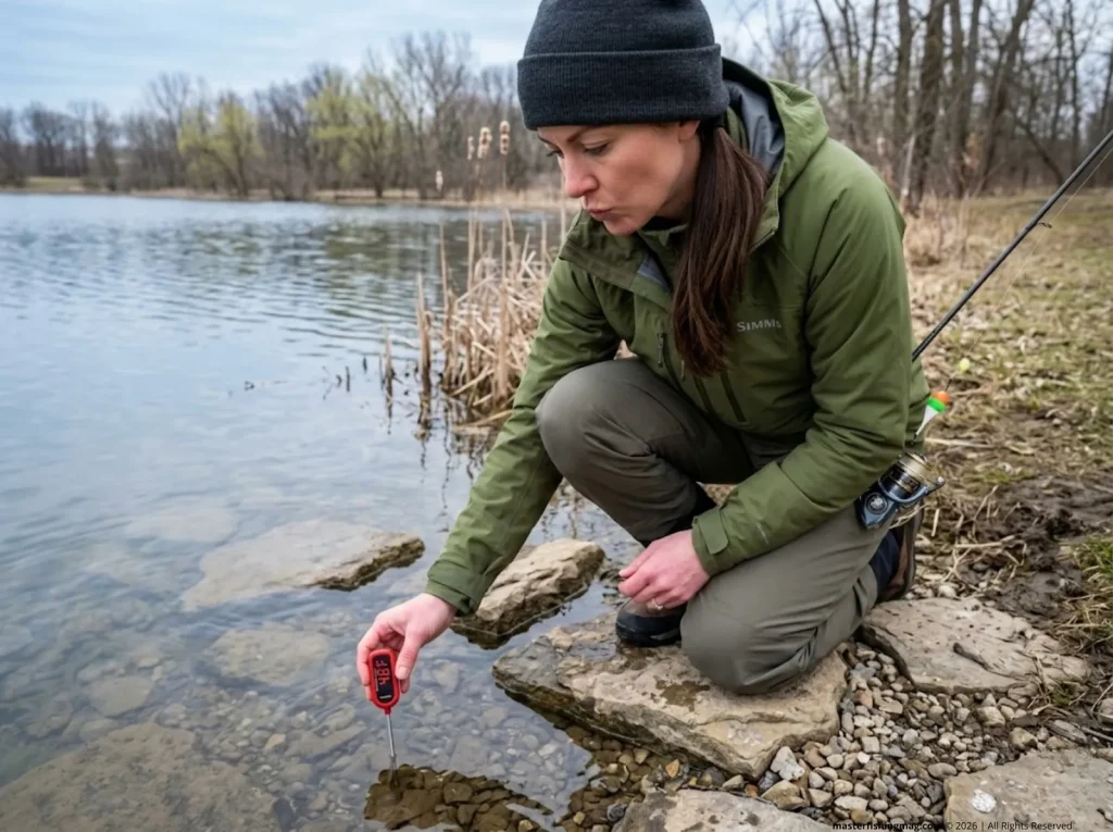 Angler reading water temperature at lakeside in early spring to locate pre-spawn panfish staging areas