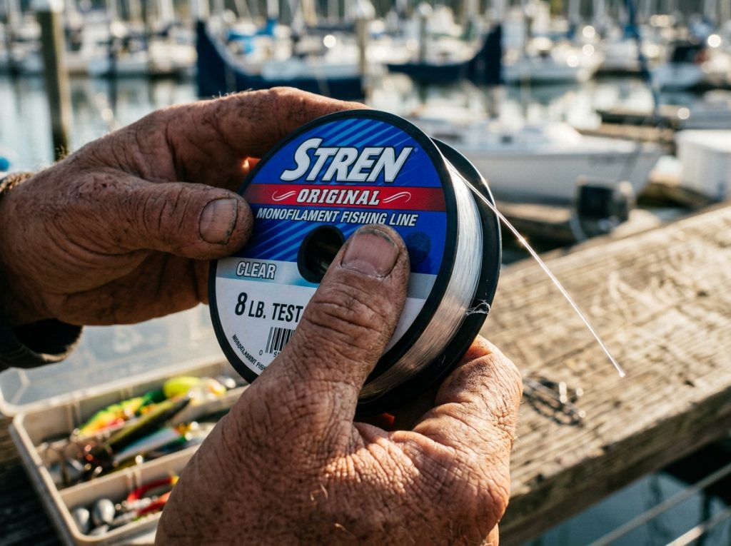 Close-up of a fishing line spool label showing the pound test rating