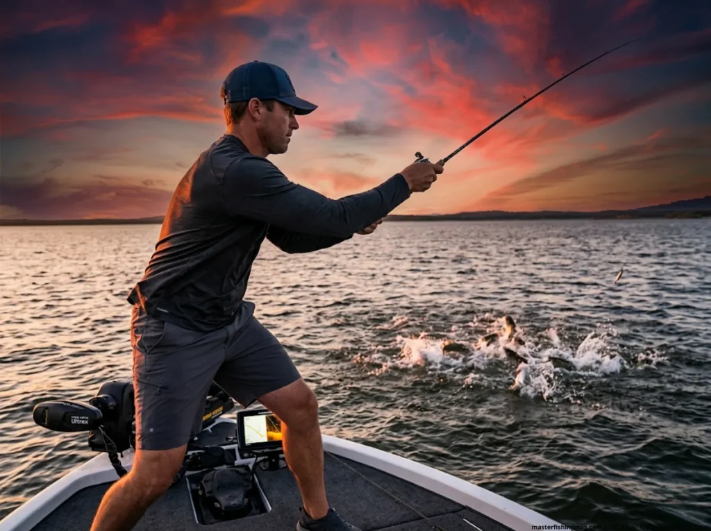 Angler casting into a white bass surface feeding boil