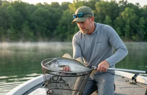 How to ID White Bass vs Striped Bass in 10 Seconds Angler inspecting a bass in a landing net for white bass vs striped bass identification