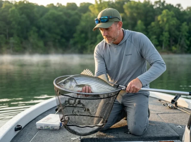 white-bass-vs-striped-bass-identification-guide-hero Angler inspecting a bass in a landing net for white bass vs striped bass identification