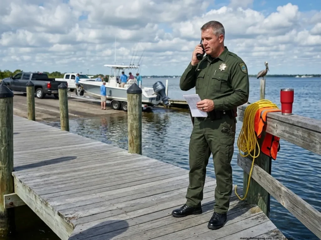 State game warden conservation officer taking a call on a dock — who to call for fishing violations