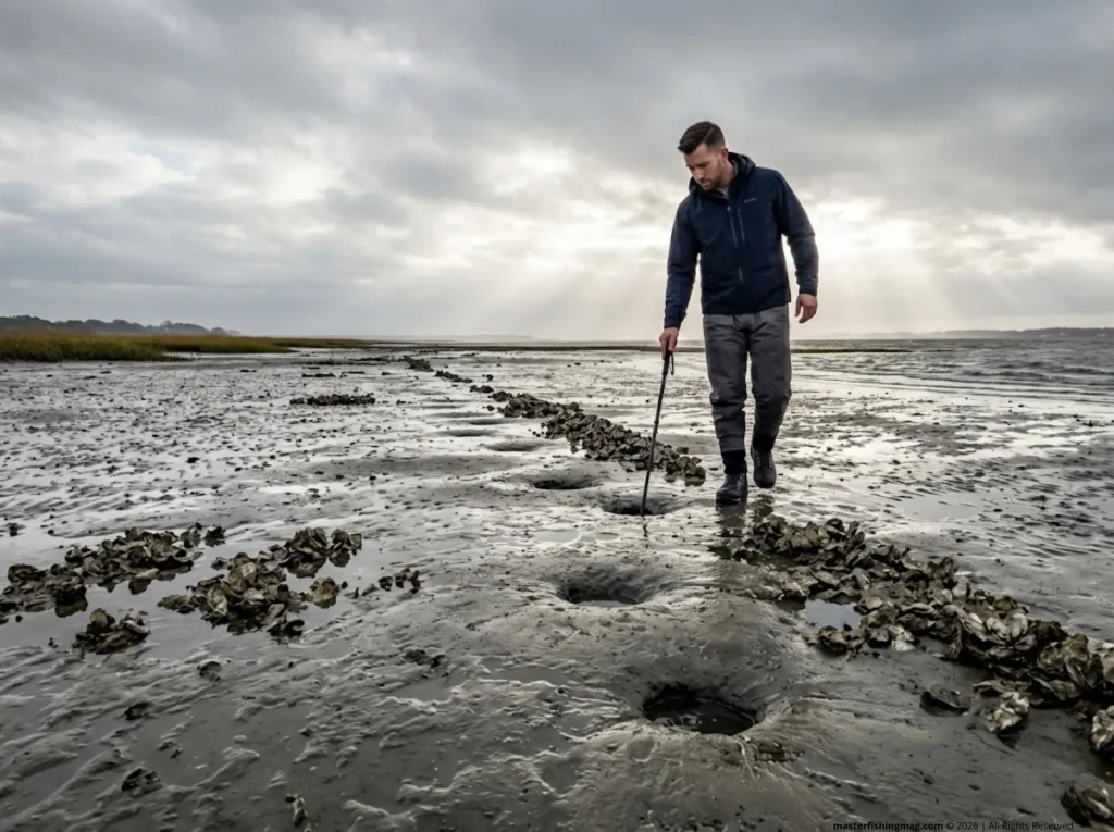 Angler scouting exposed tidal flat at low tide identifying pothole depressions near oyster bar