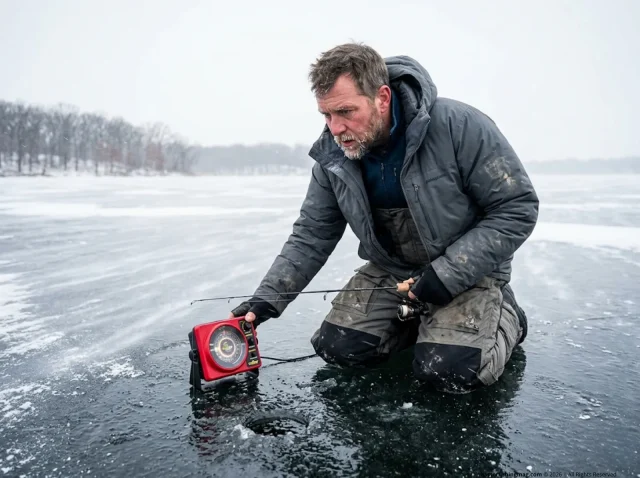 winter-bluegill-and-crappie-ice-fishing-tactics-flasher Ice angler checking Vexilar flasher for winter bluegill and crappie ice fishing tactics