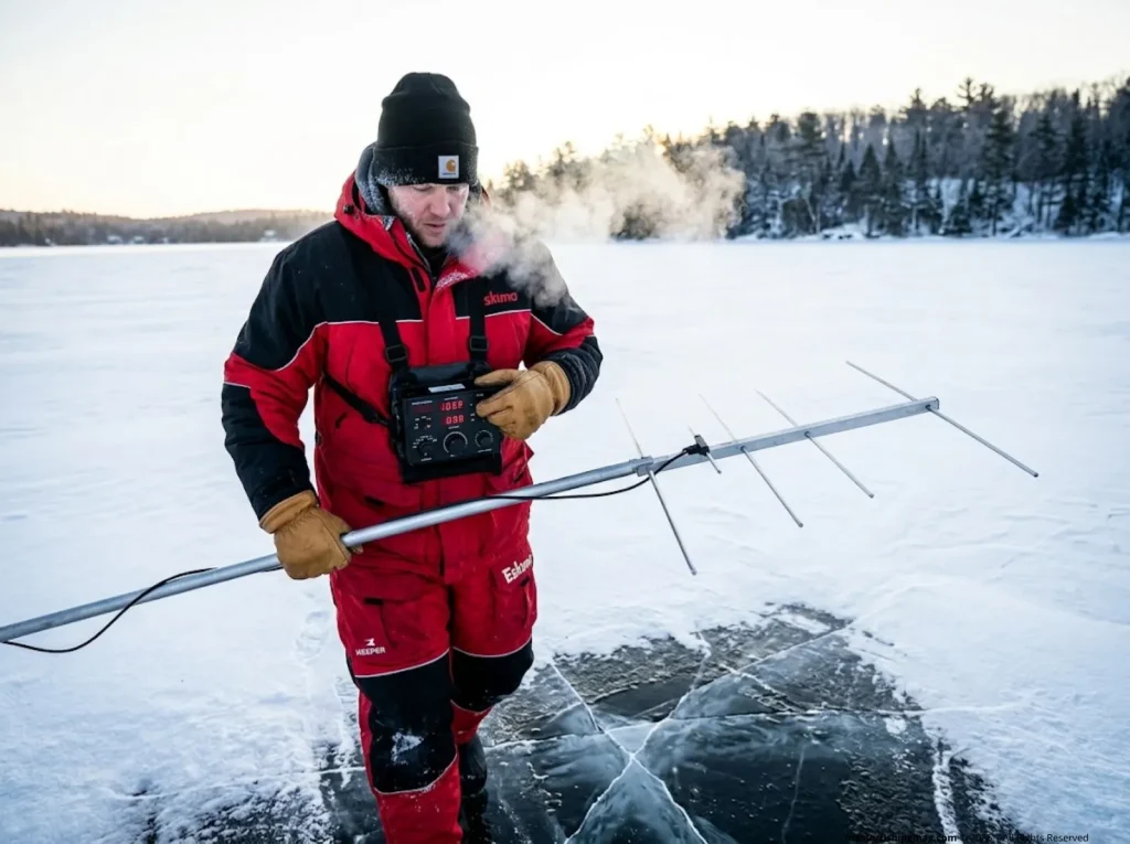 Researcher on a frozen lake tracking carp via telemetry. 