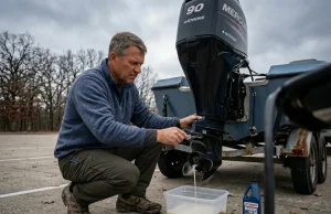 What Most Anglers Skip When Winterizing an Outboard Angler draining outboard gearcase oil into clear container to check for winterization issues