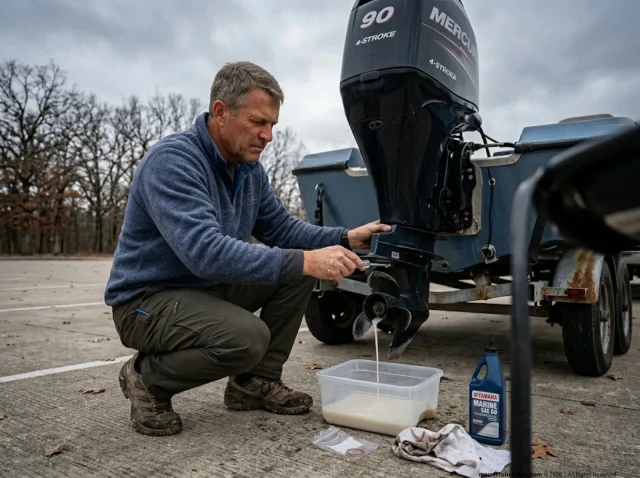 winterize-boat-outboard-motor-gearcase-drain Angler draining outboard gearcase oil into clear container to check for winterization issues