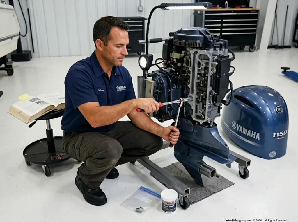 Marine technician removing internal zinc anode from Yamaha F150 cylinder head water jacket during outboard winterization service