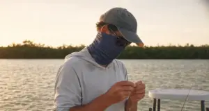 8 Fishing Neck Gaiters Compared One Clear Winner Angler wearing a UPF 50 fishing neck gaiter for sun protection while rigging a rod at dawn