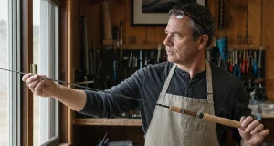 How to Build a Custom Fishing Rod Without Ruining It Rod builder inspecting a custom fishing rod grip and reel seat at his home workbench