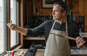 How to Build a Custom Fishing Rod Without Ruining It Rod builder inspecting a custom fishing rod grip and reel seat at his home workbench