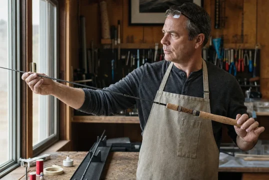 How to Build a Custom Fishing Rod Without Ruining It Rod builder inspecting a custom fishing rod grip and reel seat at his home workbench