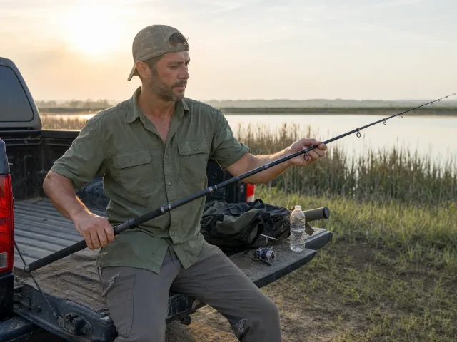 0-telescoping-fishing-rod-travel-tailgate-first-light Angler extending a telescoping fishing rod at a truck tailgate at first light on a travel fishing trip