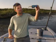 Fishing Sunglasses Lens Color Types Explained Angler holding polarized fishing sunglasses up to the light to check lens color on a skiff deck