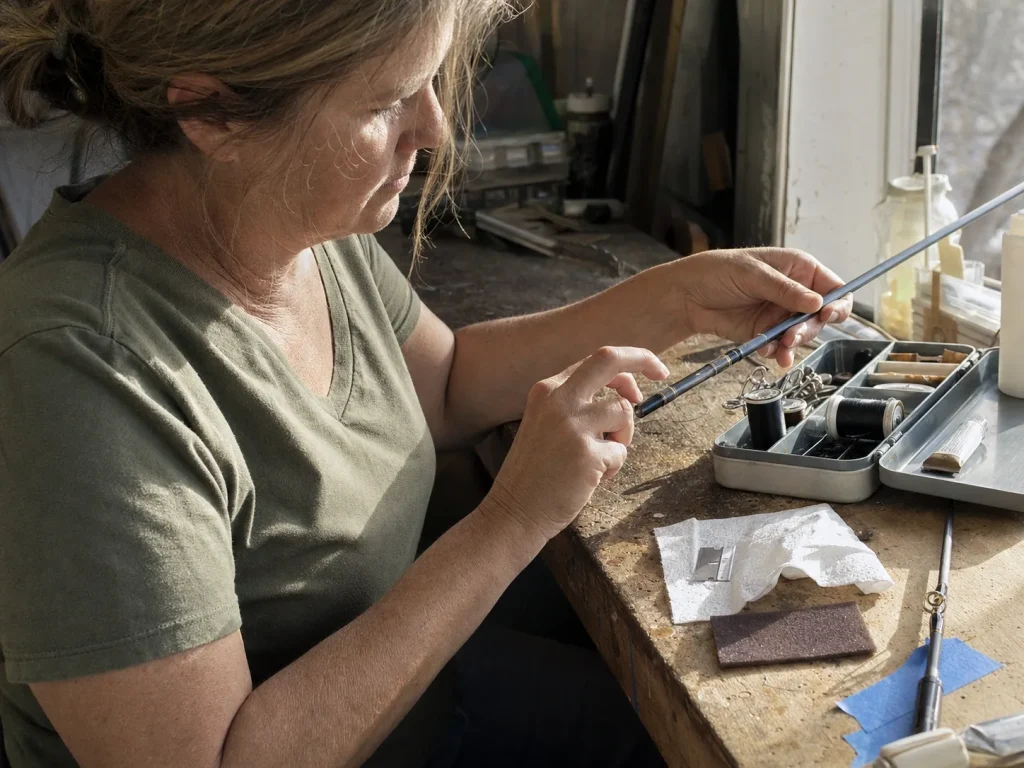 A cloudy blushed thread wrap being inspected next to a rod repair kit on a workbench