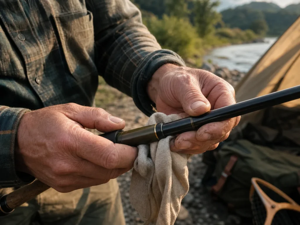 Hands seating a telescoping fishing rod section straight to avoid cracking the ferrule