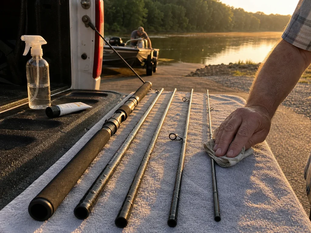 Telescoping fishing rod sections laid out to dry separately on a truck tailgate after a trip