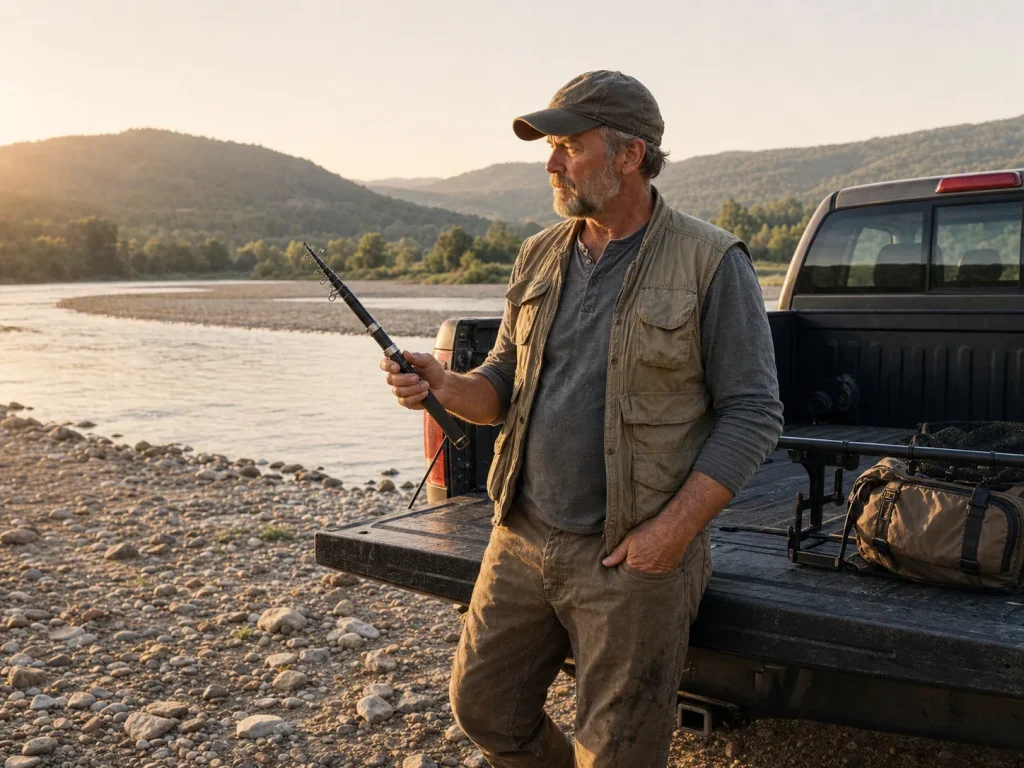 An angler at a truck deciding whether a compact telescoping rod fits how they actually fish