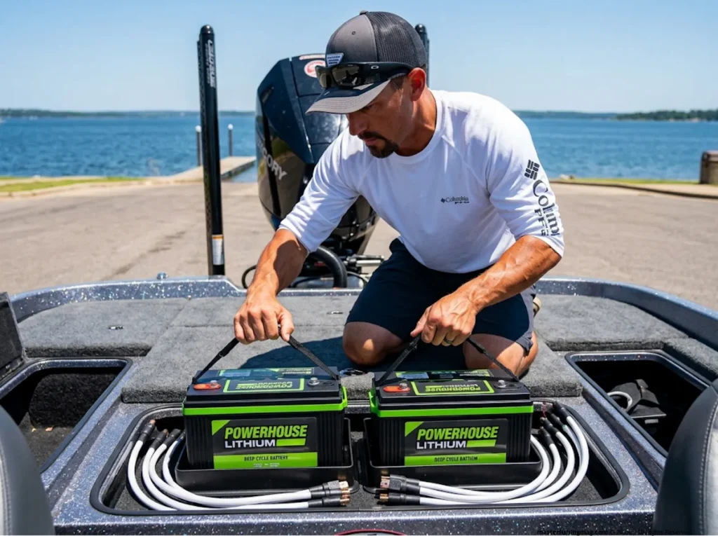 Angler installing identical matched lithium batteries in series for a 24V trolling motor system.