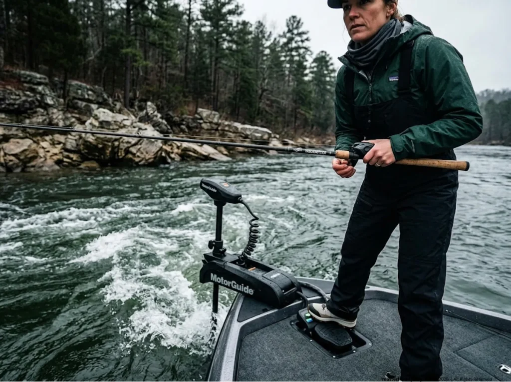 Female angler holding a boat in fast river current using a 24V MotorGuide trolling motor.
