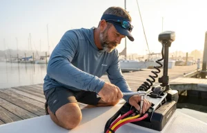 Wiring a 24V Trolling Motor System the ABYC Way Marine technician wiring a Minn Kota 24V trolling motor system using Ancor tinned copper wire at a sunny dock.