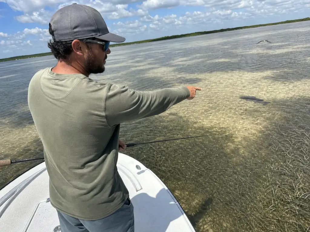 Angler scanning a shallow grass flat through copper-tinted polarized sunglasses while sight fishing