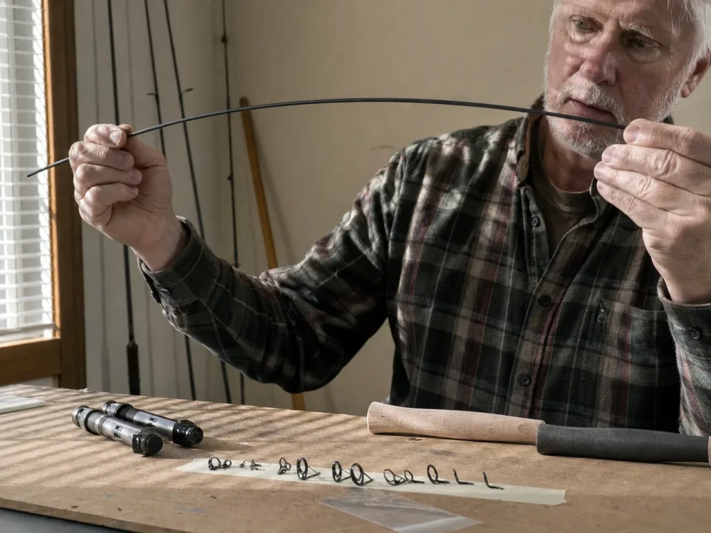 Rod builder flexing a bare graphite blank to judge its action before choosing components