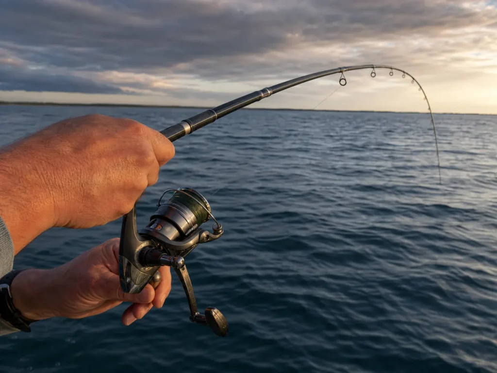 A bent telescoping fishing rod loaded during a fight showing stress at the ferrule joint