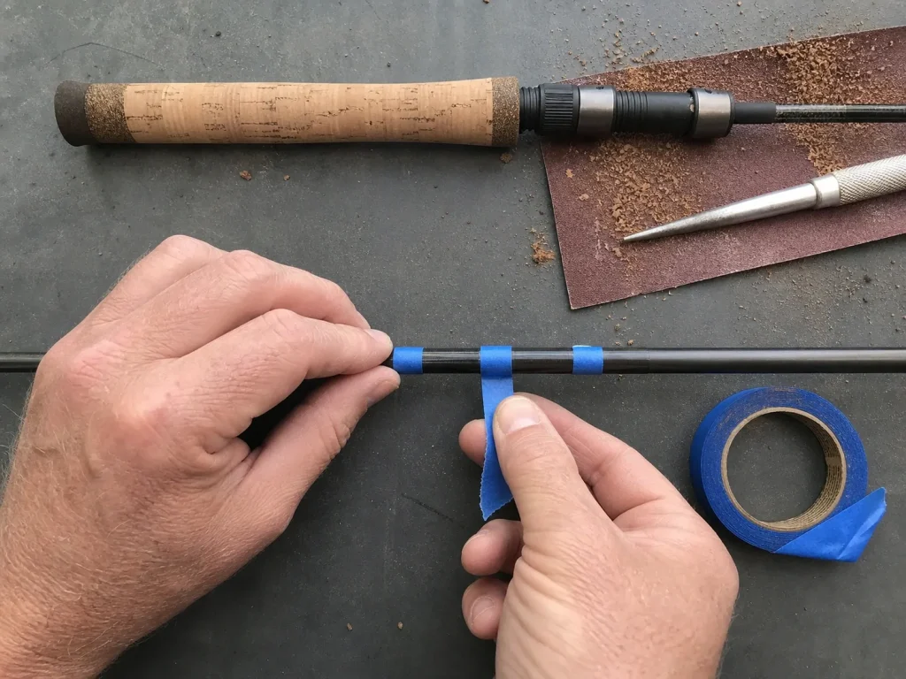 Masking tape arbors built up on a rod blank to shim a cork grip and reel seat for a friction fit