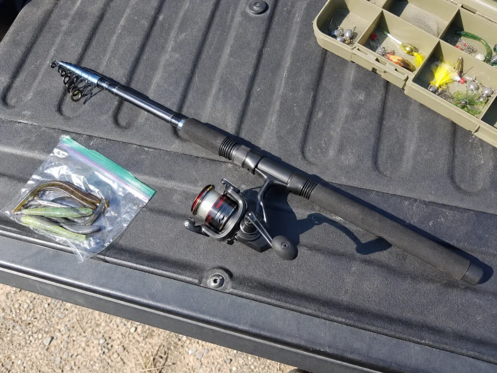 An affordable Eagle Claw Pack-IT telescopic glovebox combo laid out on a truck tailgate