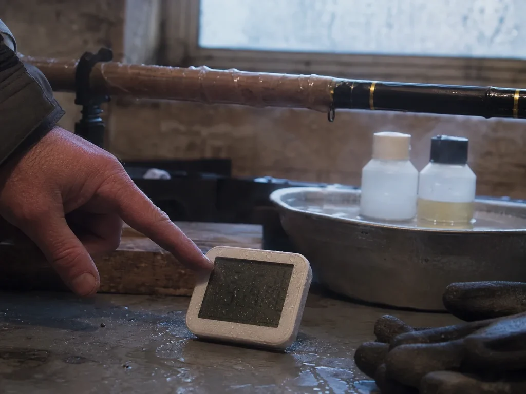 A thermometer and hygrometer on a cold garage bench beside a rod curing on its dryer