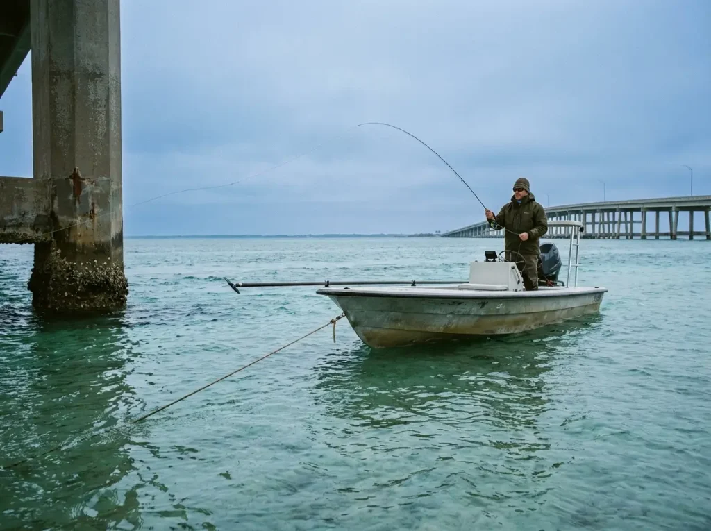 Flats skiff anchored up-current from a bridge piling with angler casting back with the current for sheepshead