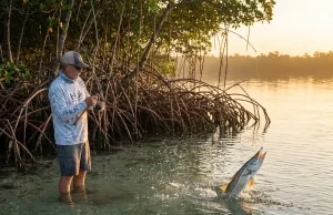 Where Do Snook Go in Winter — and When Come Back Angler fighting a large snook in a Florida tidal flat at sunrise near mangrove roots