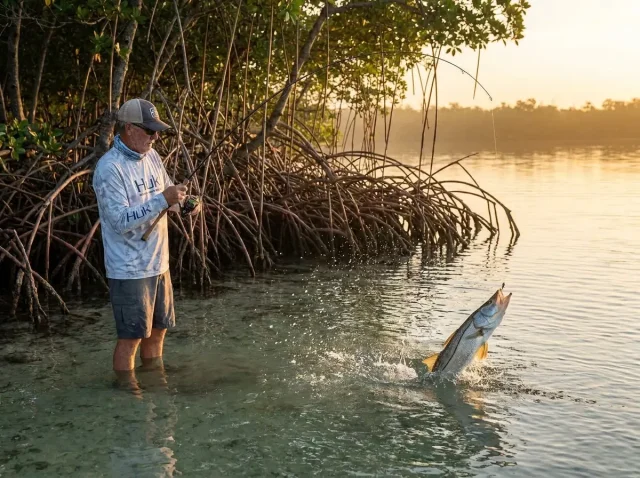 HERO Angler fighting a large snook in a Florida tidal flat at sunrise near mangrove roots