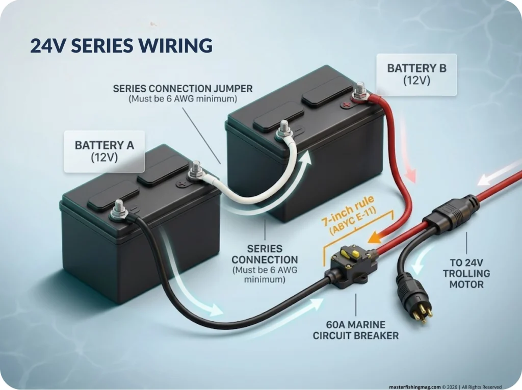 Infographic showing 24V series wiring diagram with two batteries, jumper wire, circuit breaker, and motor plug