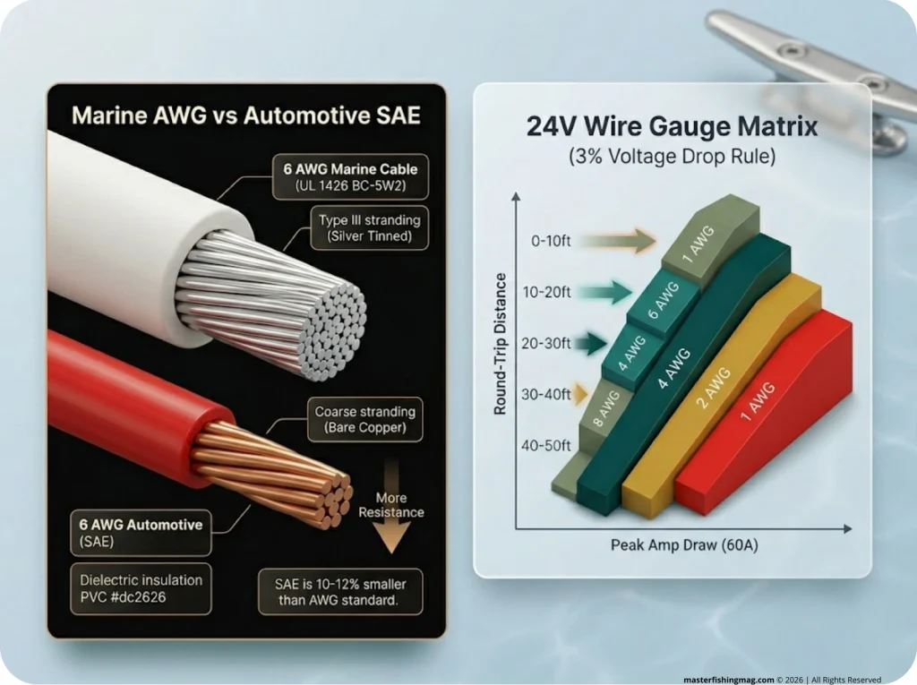 Infographic showing 24V wire gauge selection flowchart with distance and amp draw, plus marine vs automotive SAE size comparison