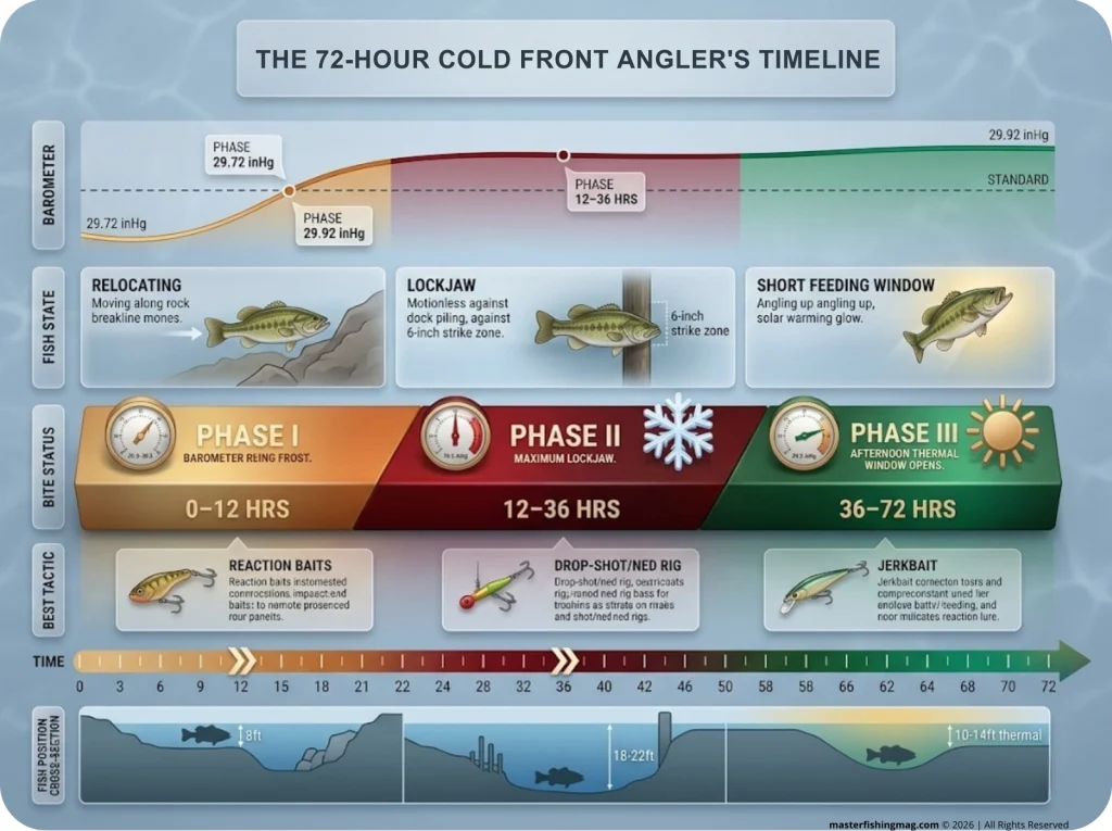 Infographic showing 72-hour cold front fishing timeline with Phase I, II, III annotated with barometric data, fish behavior, bite status, and tactics