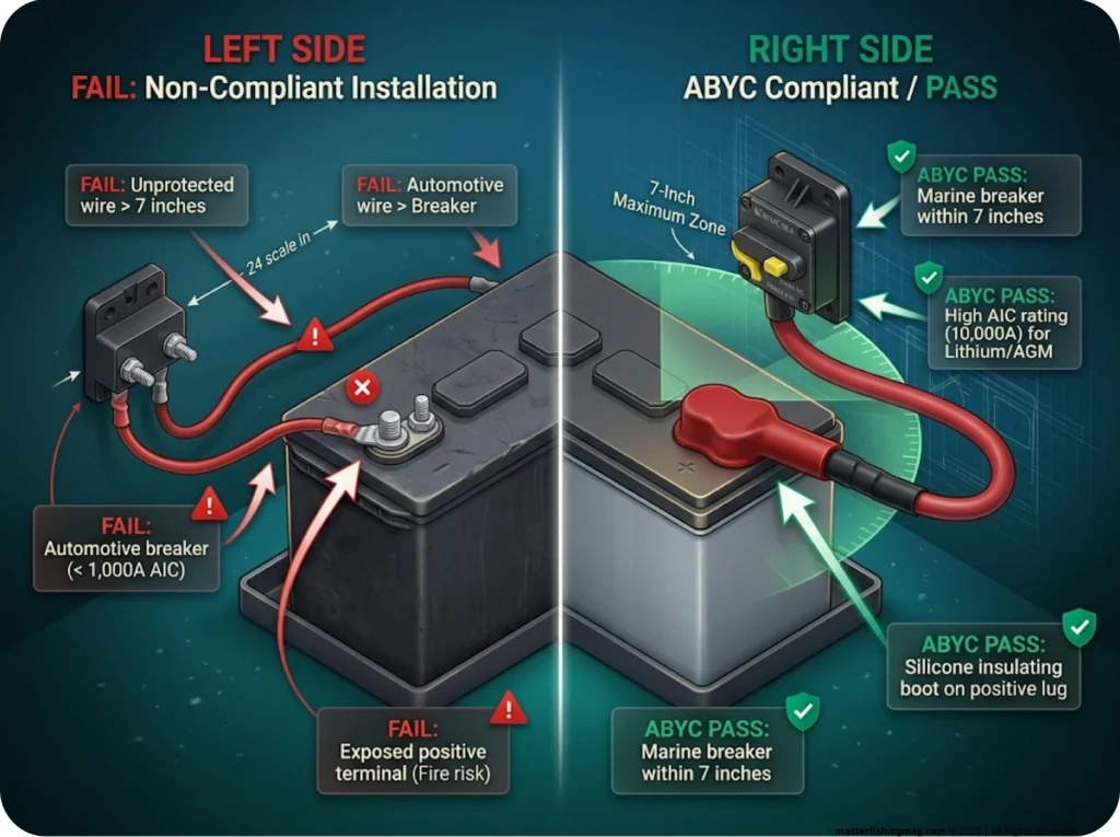 Infographic comparing ABYC compliant and non-compliant trolling motor battery wiring with labelled safety passes and failures