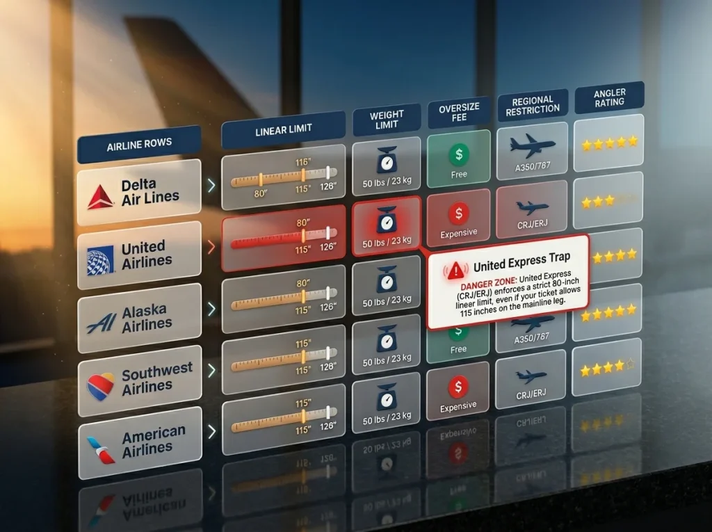 Comparison chart of airline fishing rod policies showing dimensions, weights, fees, and regional aircraft restrictions